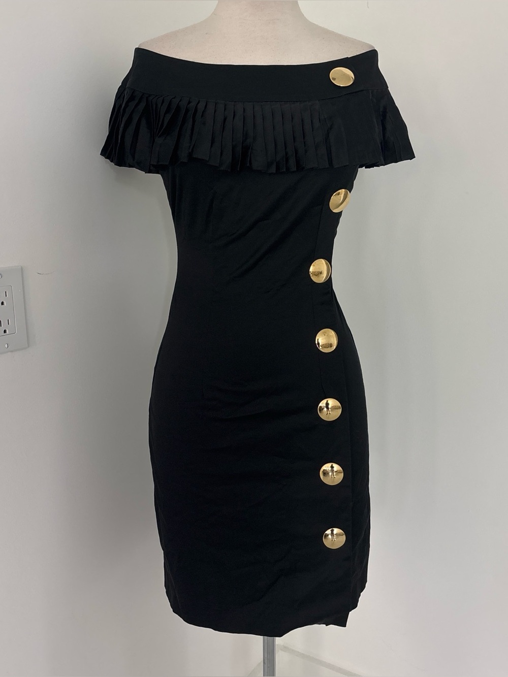 Bebe Off-Shoulder Black Dress with Gold Button Detail #240